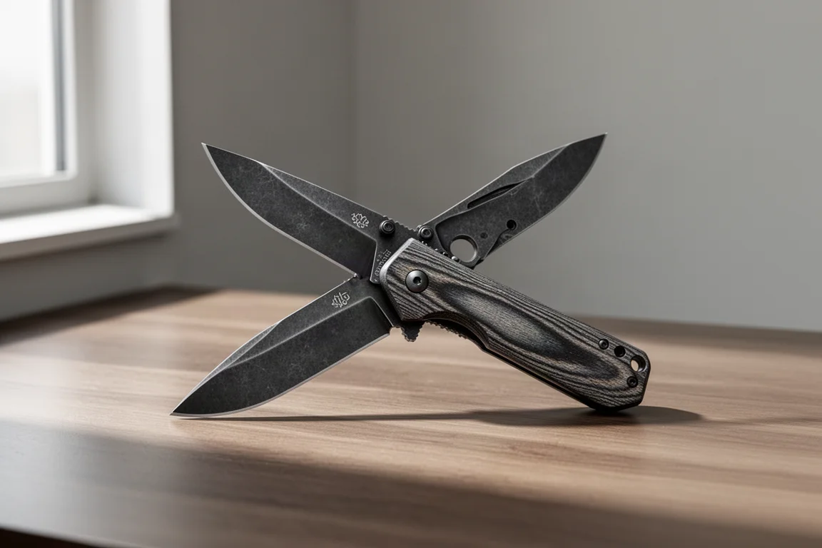 Coltello pieghevole Petrified Fish Victor con lama clip point blackwash su una scrivania di legno