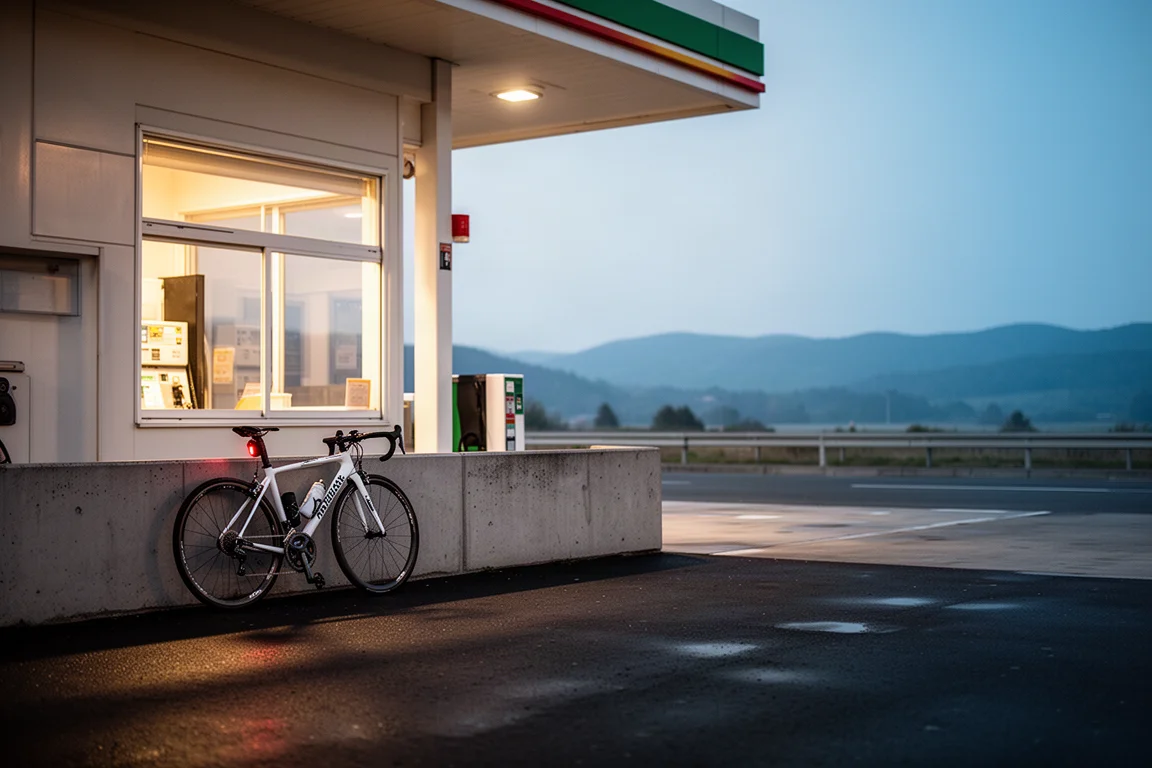 Área de servicio de una gasolinera al atardecer con una bicicleta de carretera apoyada en un muro de hormigón