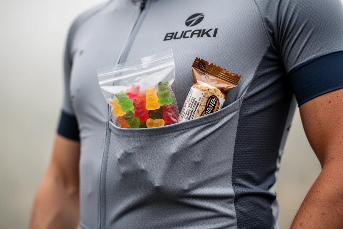 Bolsillo de maillot de ciclismo abultado con una bolsa de gominolas de colores