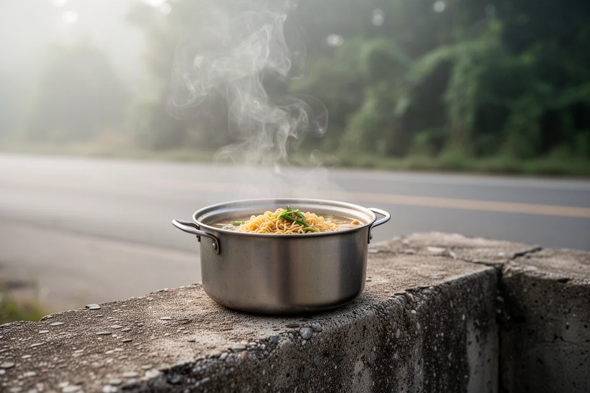 Vaso de fideos caliente humeando sobre una repisa de hormigón junto a la carretera