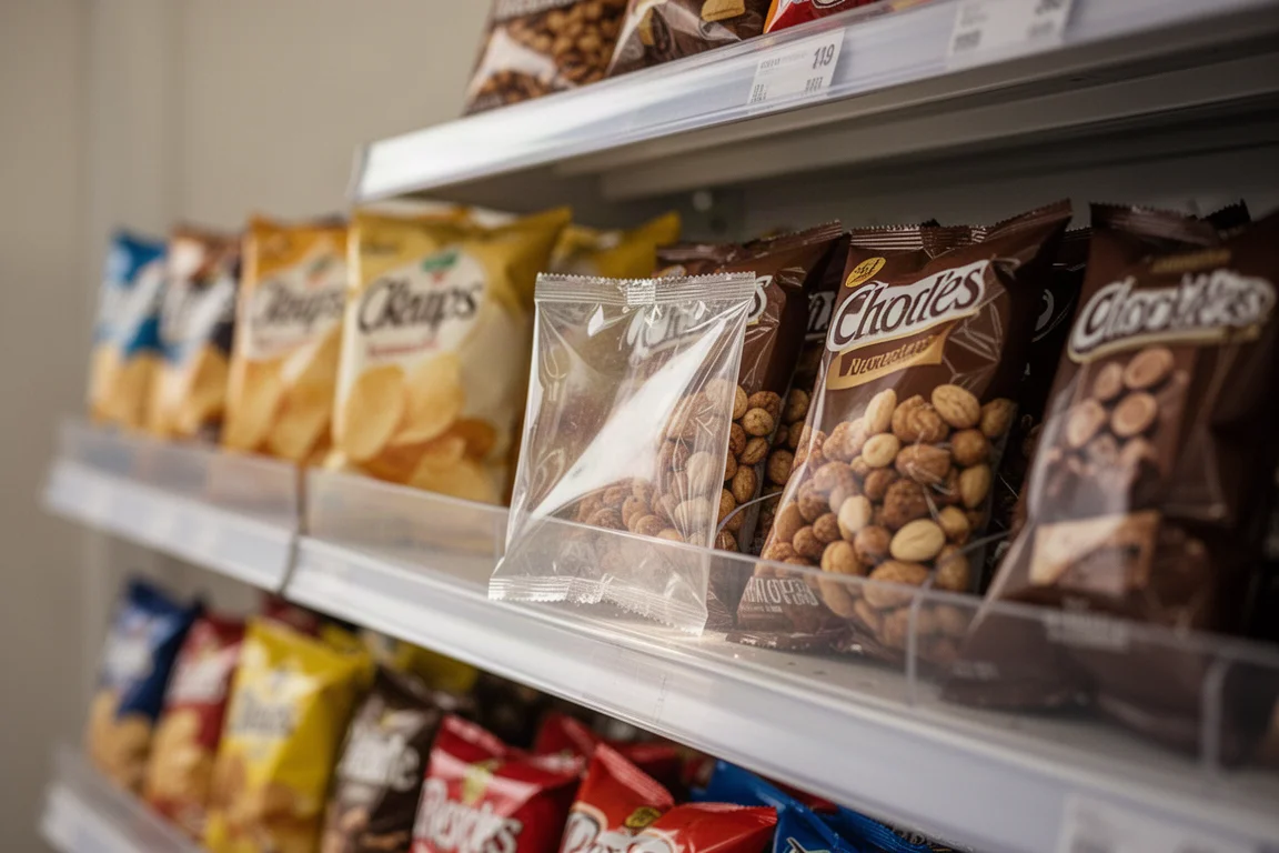 Estante de snacks de gasolinera con patatas fritas, frutos secos y envoltorios de chocolate suavemente desenfocados