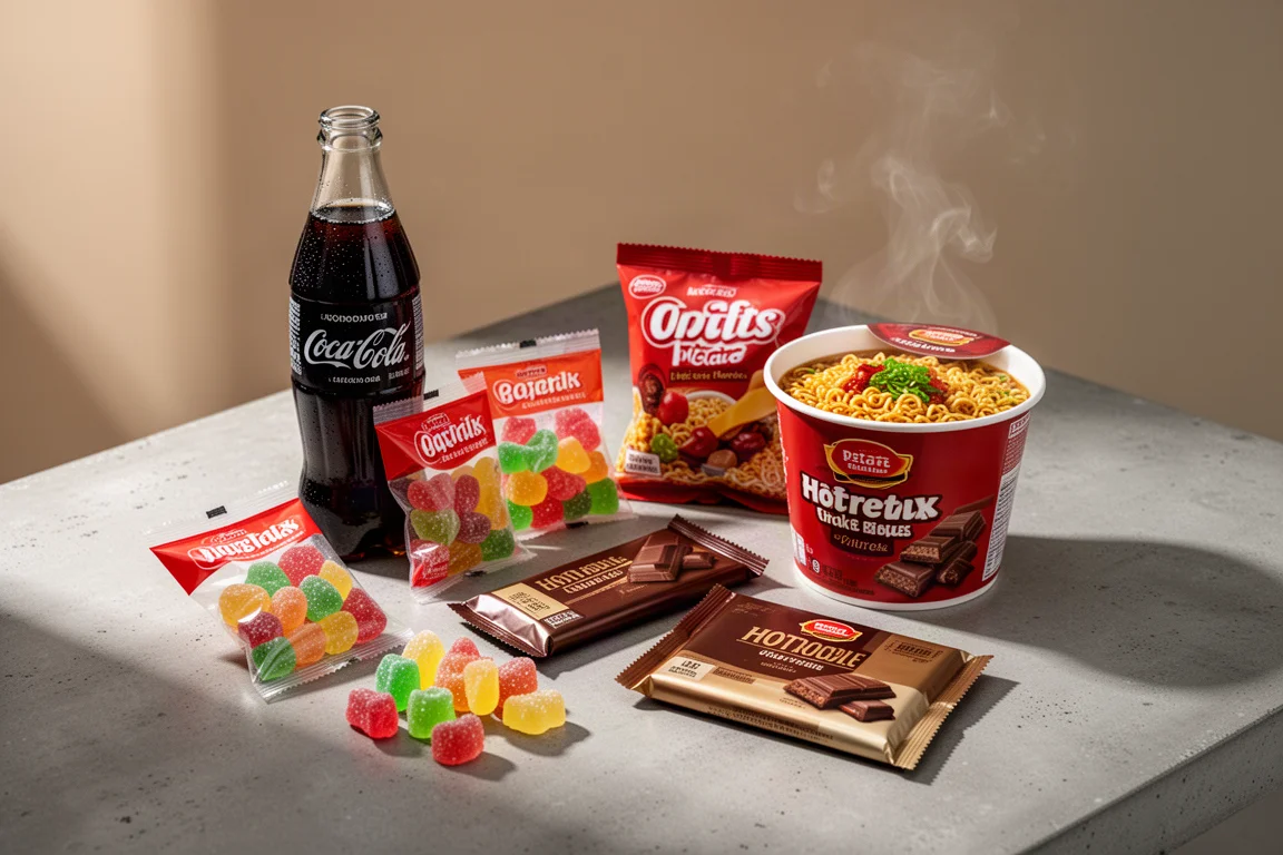 Tankstationsnacks op een betonnen toonbank met cola, snoep, chocoladerepen en een noodlepot
