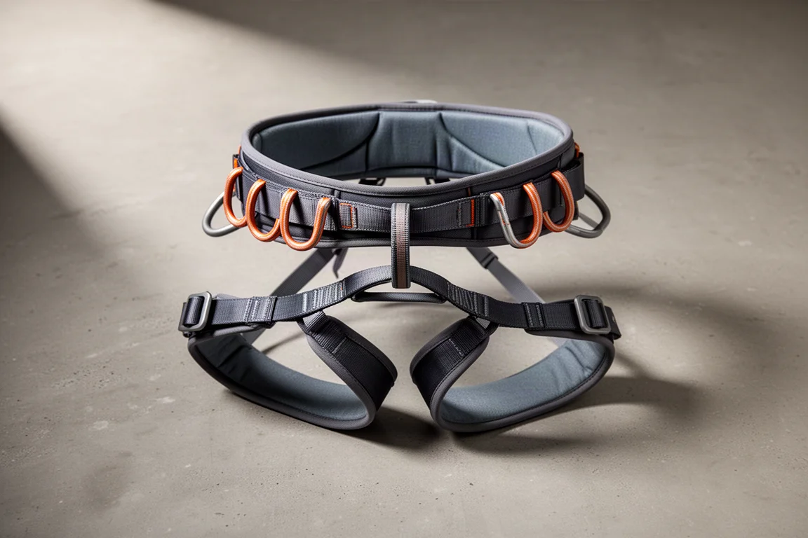 Modern climbing harness with padded waist belt and gear loops on a concrete surface