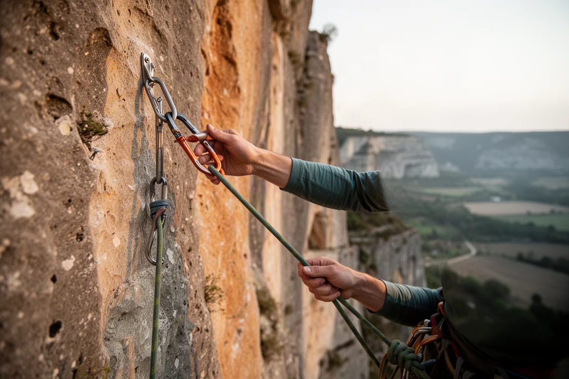 Climber clipped in at the top anchor of a bolted limestone sport route