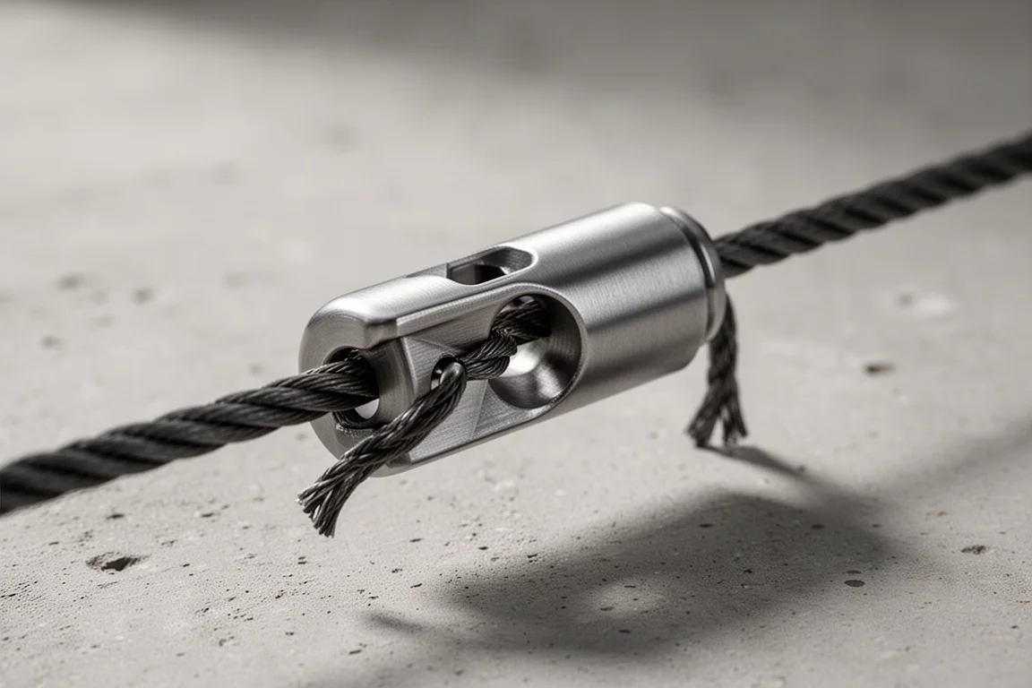 Close-up of a rope adjuster under tension with a small cord loop through its release hole