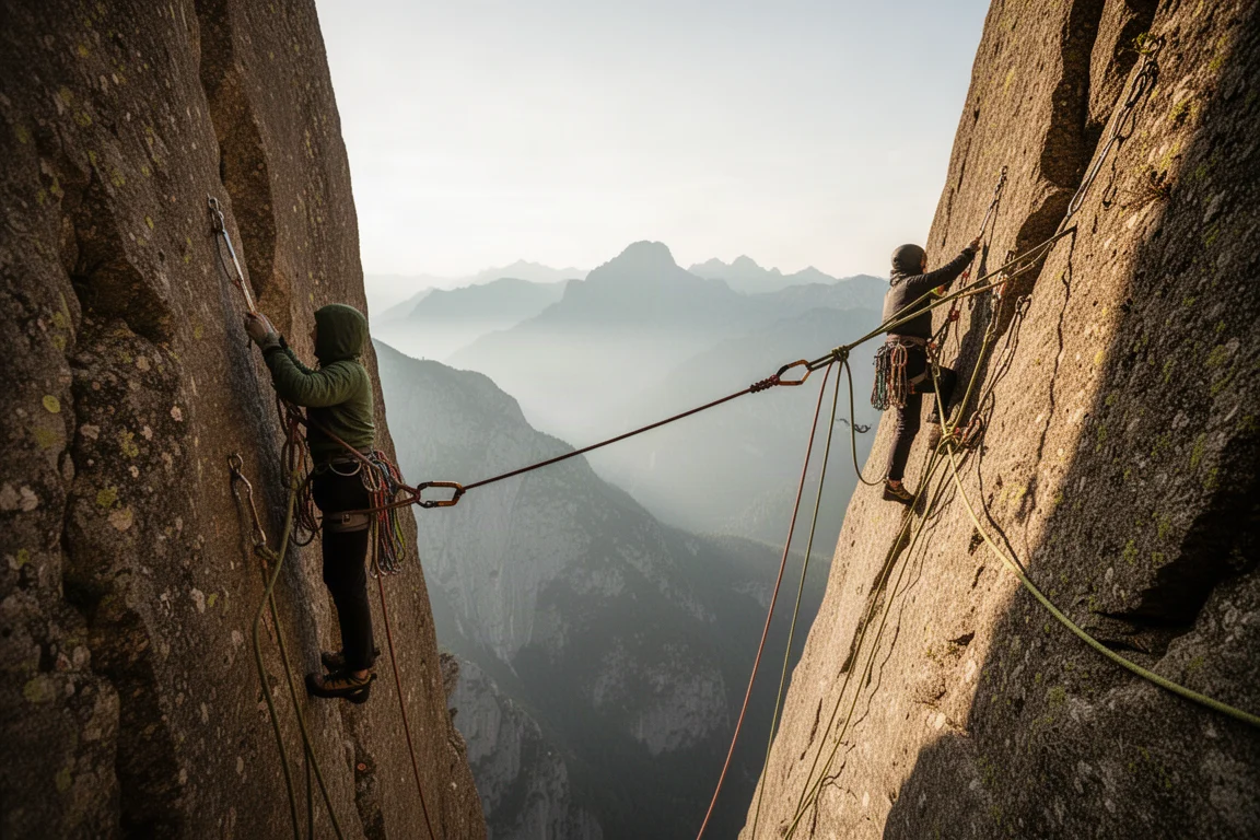 Climber at an abseil station on a multi-pitch route with ropes running down the face