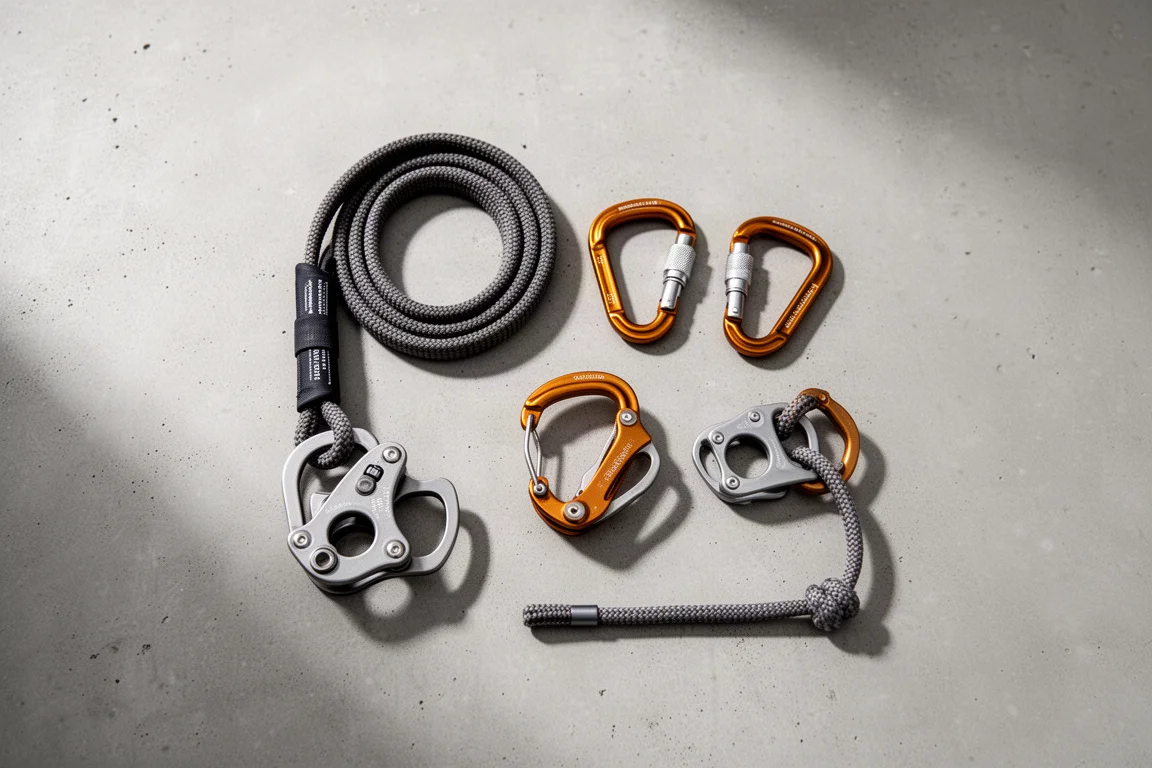 Overhead flat-lay of climbing hardware on a matte concrete surface