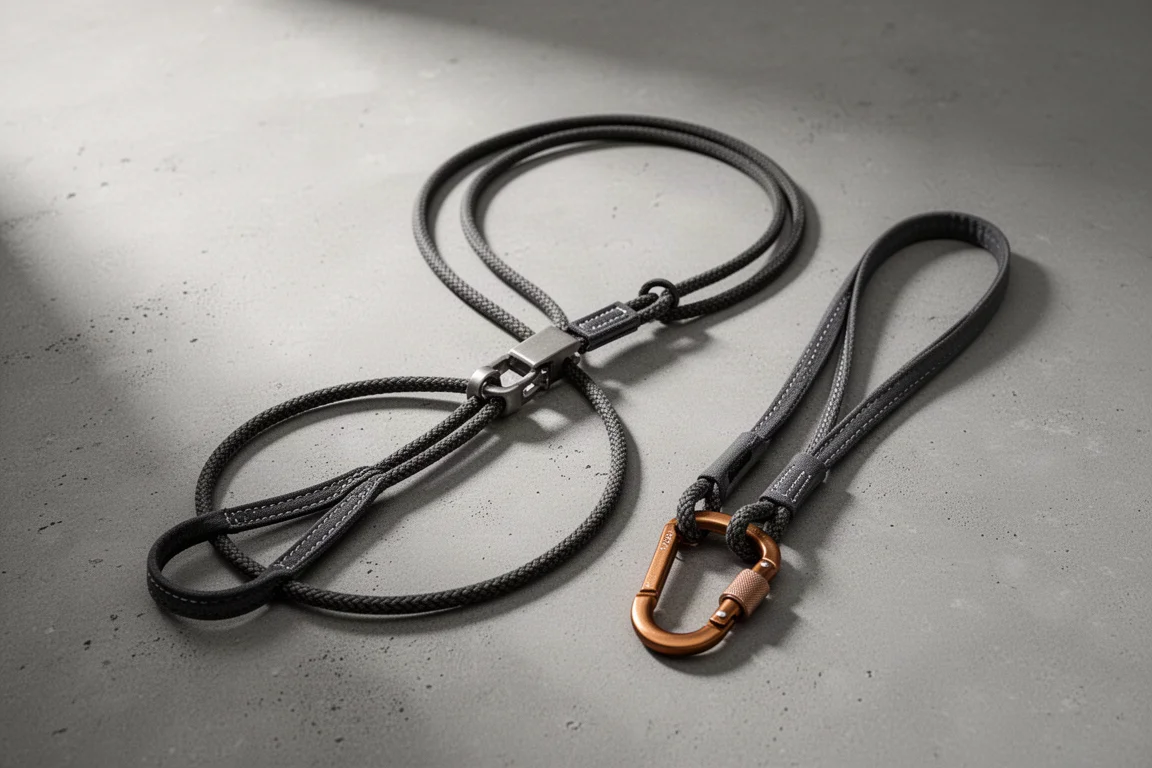Two adjustable climbing lanyards with carabiners arranged on a matte concrete surface