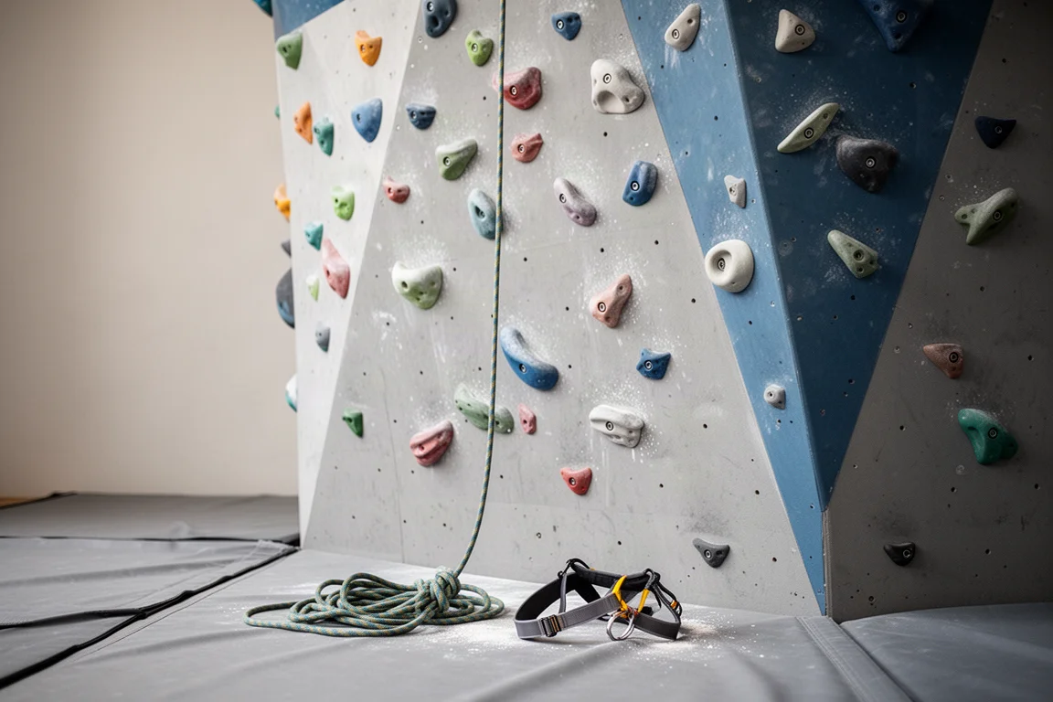 Indoor climbing wall with a top rope line and a coiled rope on the padded floor