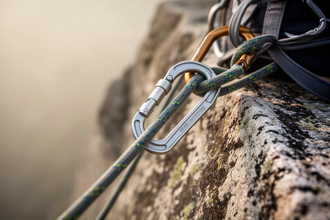 Close-up of a belay device clipped to a harness with rope running through the channel