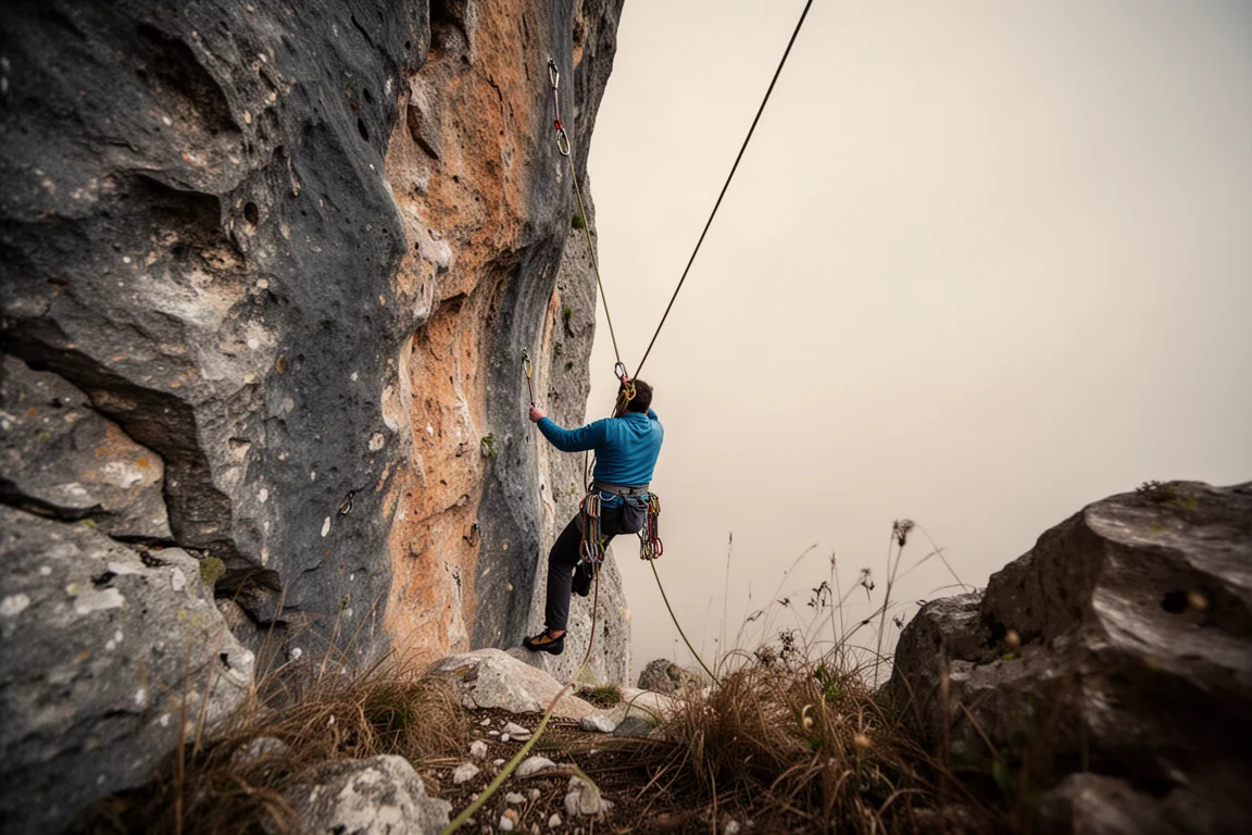 Climber being lowered on a limestone sport route with a taut rope