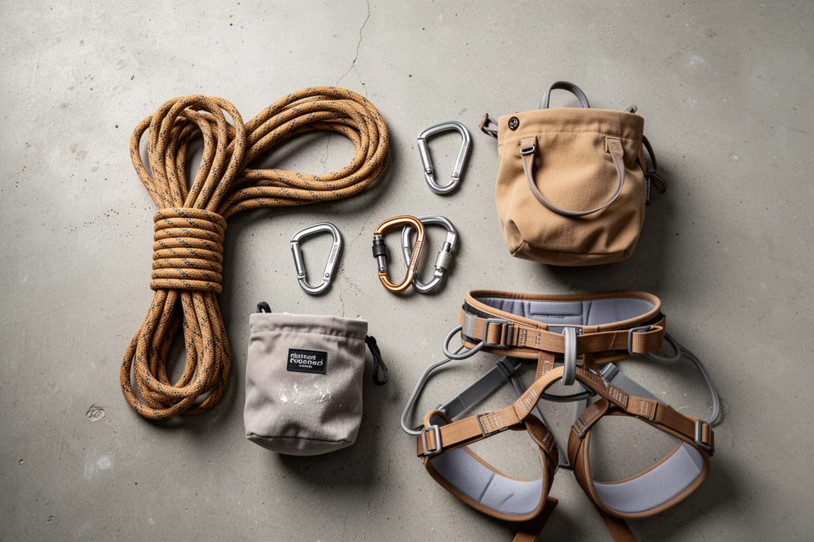 Flat lay of climbing kit including rope coil, carabiners and chalk bag on concrete
