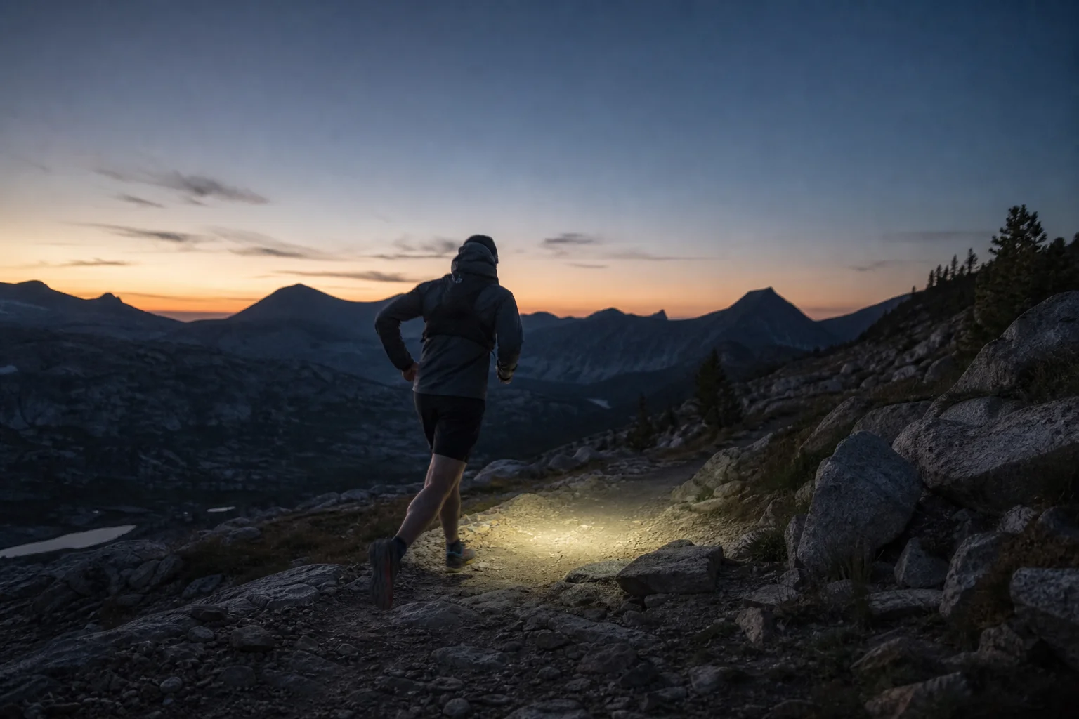 Un traileur naviguant sur un terrain rocheux au crépuscule avec une lampe frontale éclairant le chemin