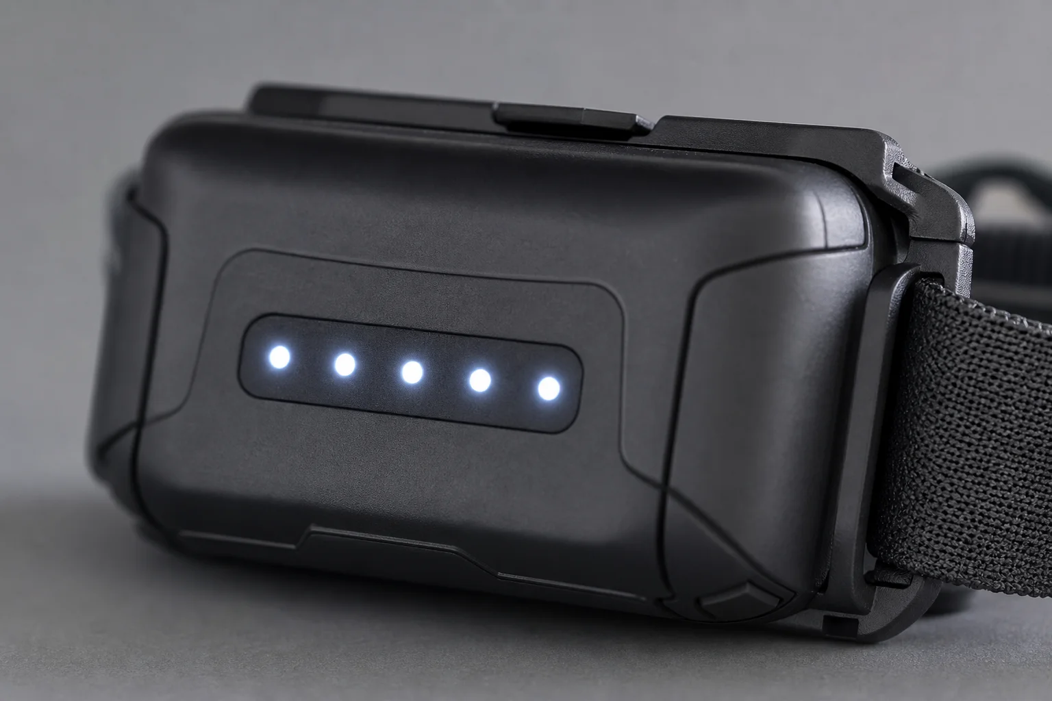 Gros plan sur le bouton de la lampe frontale et les voyants de batterie sur le bloc arrière
