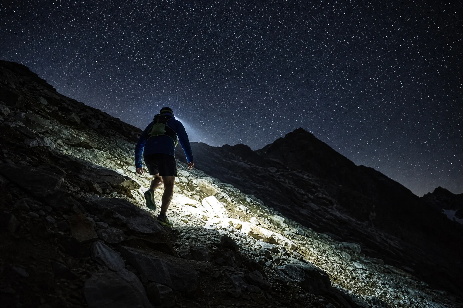 Un traileur gravissant une pente raide de montagne la nuit avec le faisceau de la lampe visible