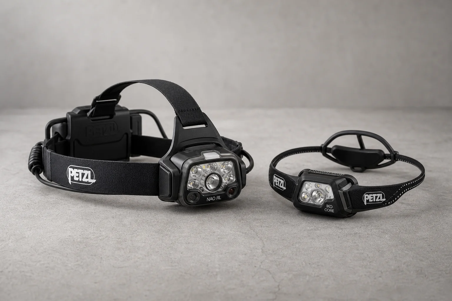 Lampes frontales Petzl NAO RL et IKO Core sur une surface en béton