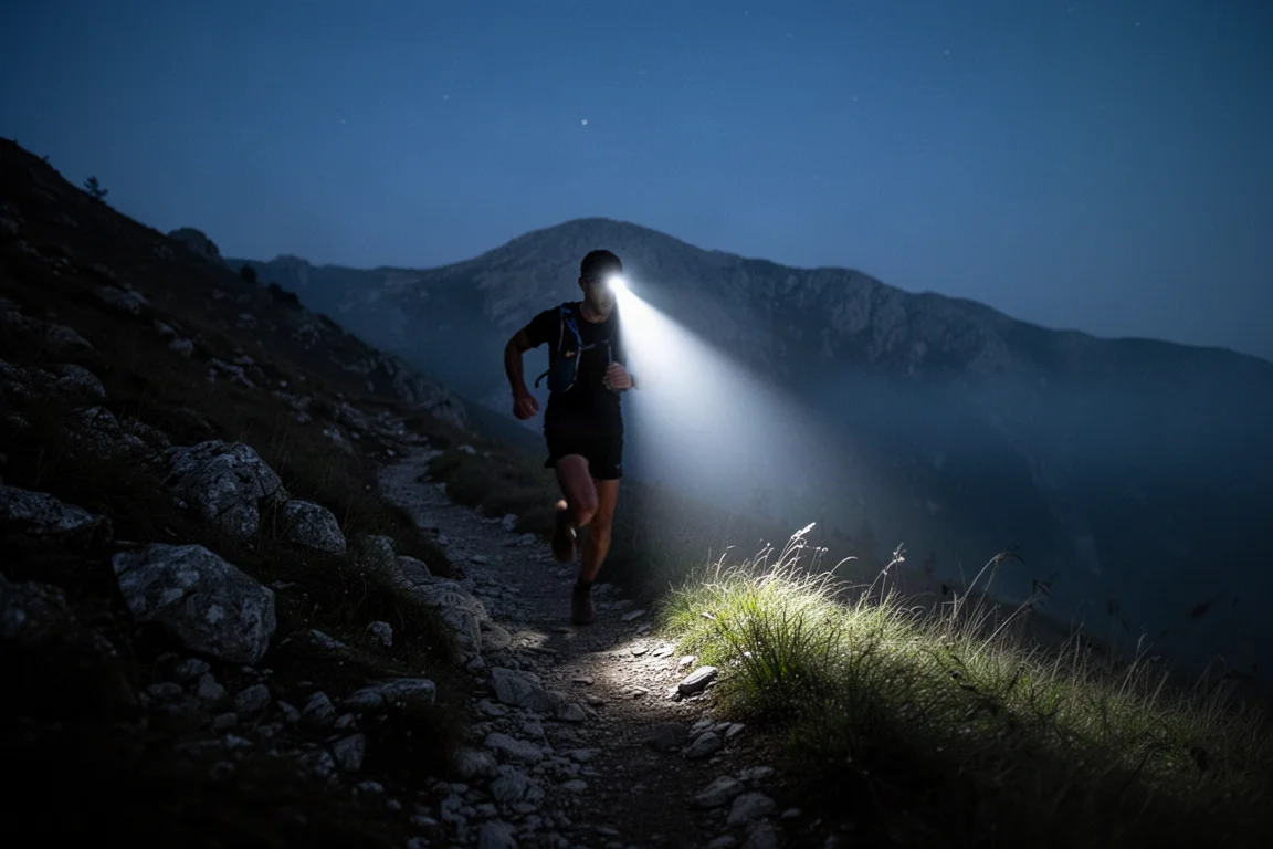 Trail runner moving along a dark mountain path lit by a bright headlamp beam
