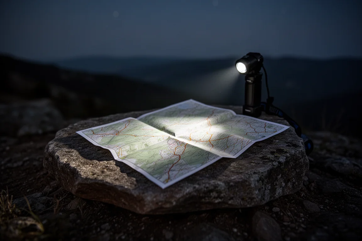 Folded map on a rock illuminated by a dimmed headlamp beam at night