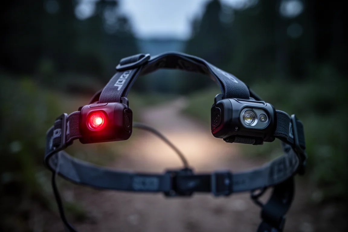Red rear light glowing on the back of a headlamp band on a dusk trail