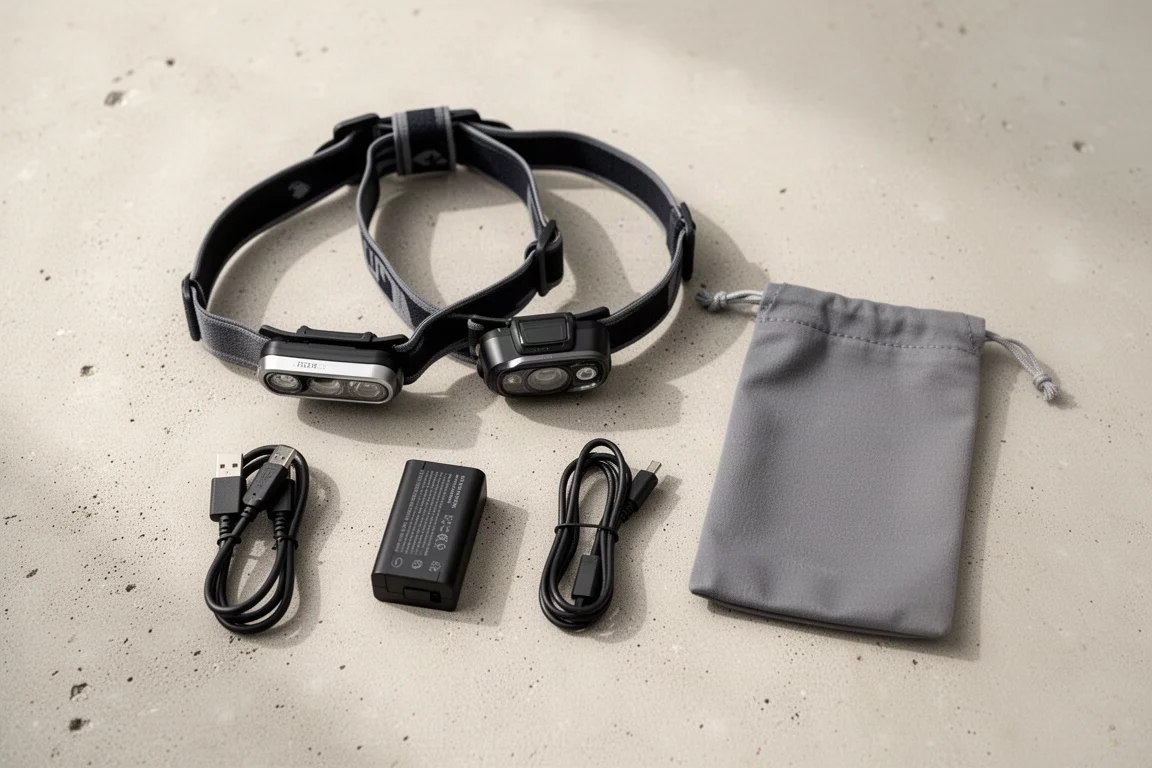 Overhead flat lay of headlamp, spare battery, cable and soft pouch on concrete