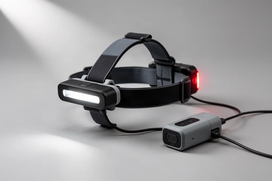 Petzl NAO RL headlamp with flat front module and rear battery pack on grey backdrop