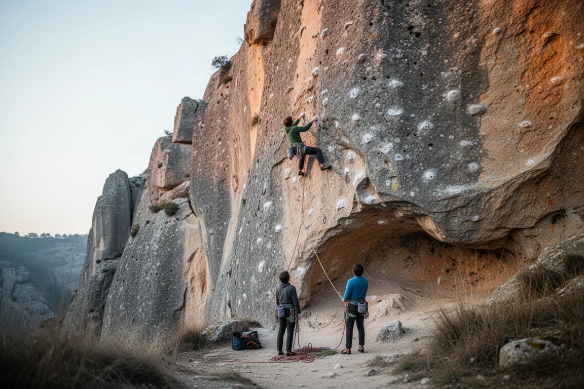 Falaise d'escalade sportive avec un grimpeur en pleine voie et un assureur à la base