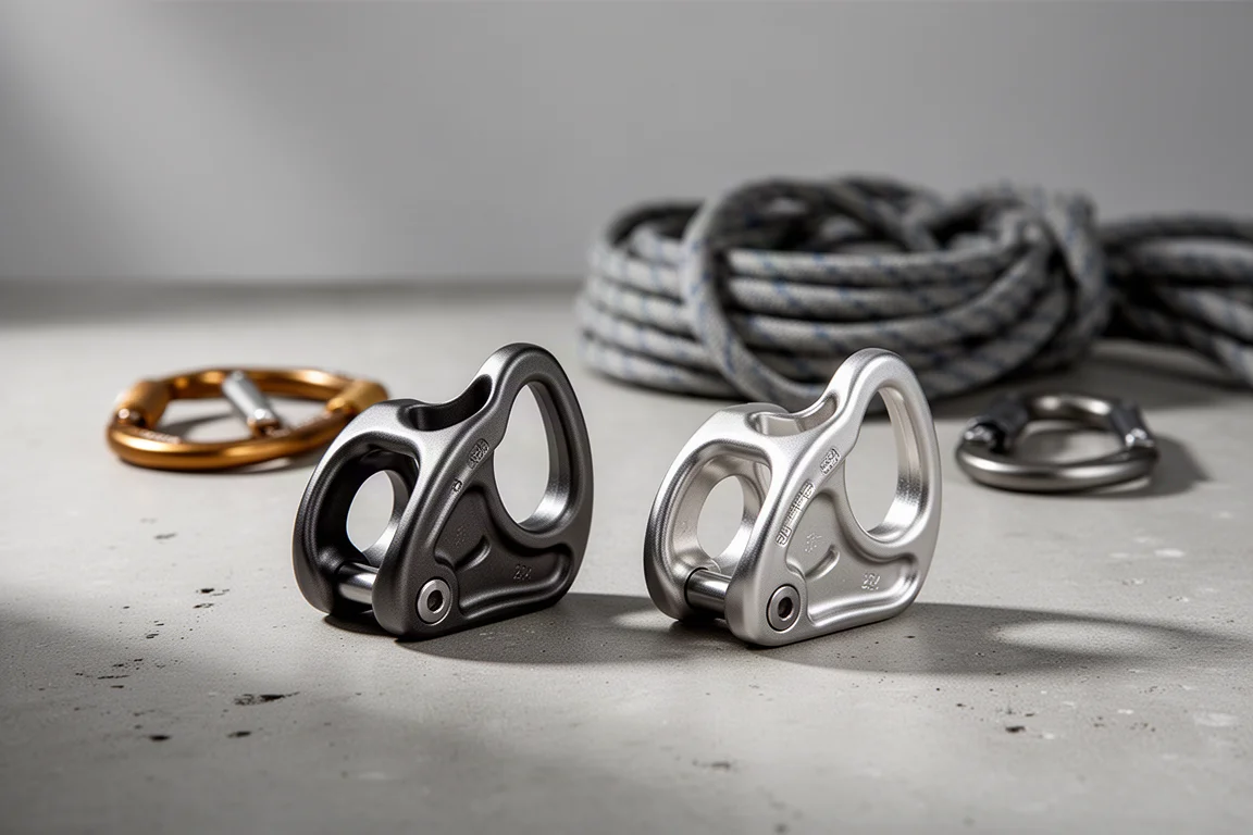 Two assisted belay devices with a coiled climbing rope on a concrete surface