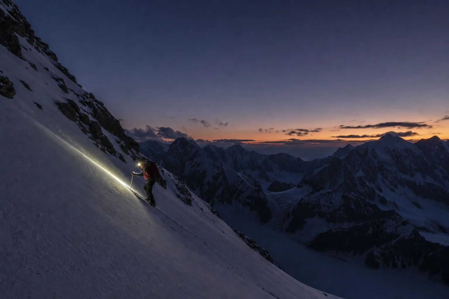 Alpiniste hivernal montant une pente enneigée au crépuscule avec le faisceau d'une lampe frontale