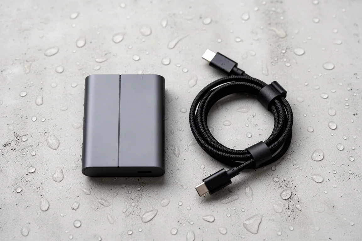헤드램프 배터리 팩, 감긴 USB-C 케이블, 물방울을 위에서 펼쳐 놓은 모습