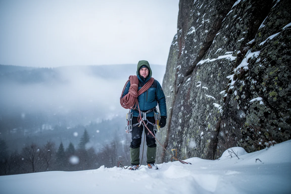 Climber in winter layers at the base of a snow-dusted rock face with racked gear