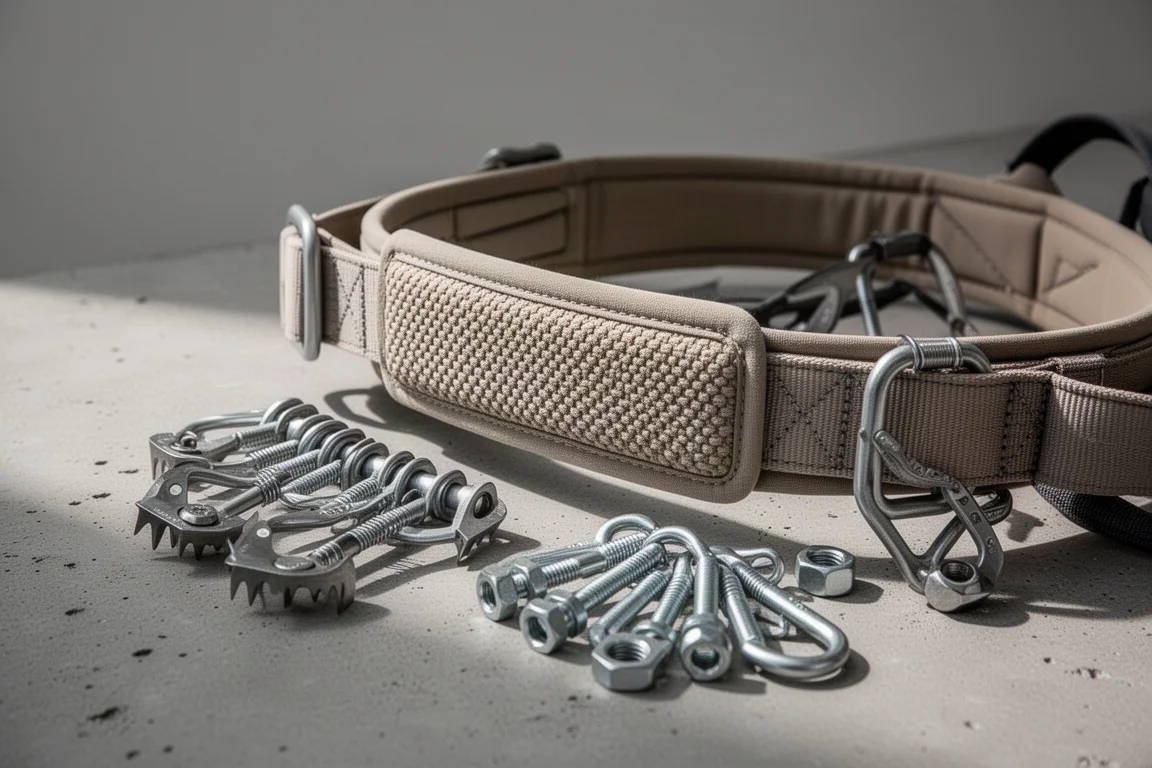 Close-up of a padding-free climbing harness waist belt beside a rack of cams