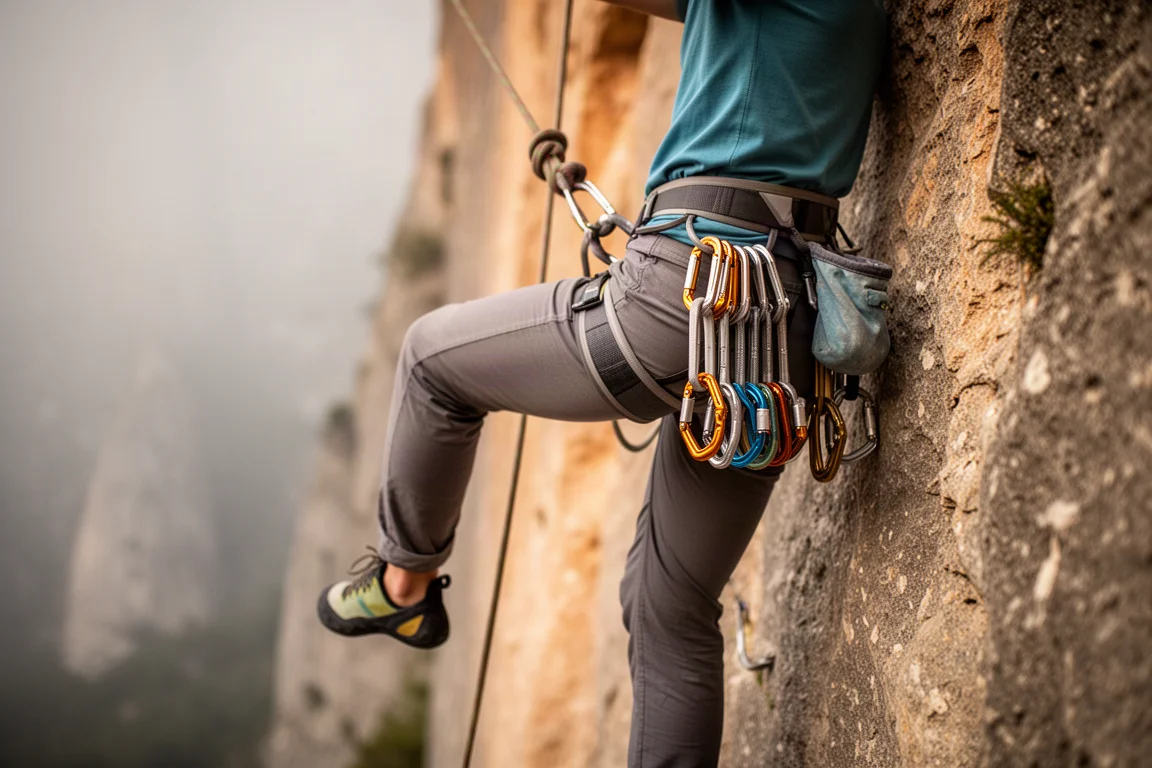 Climber hanging on a rope at a limestone crag with quickdraws on the harness
