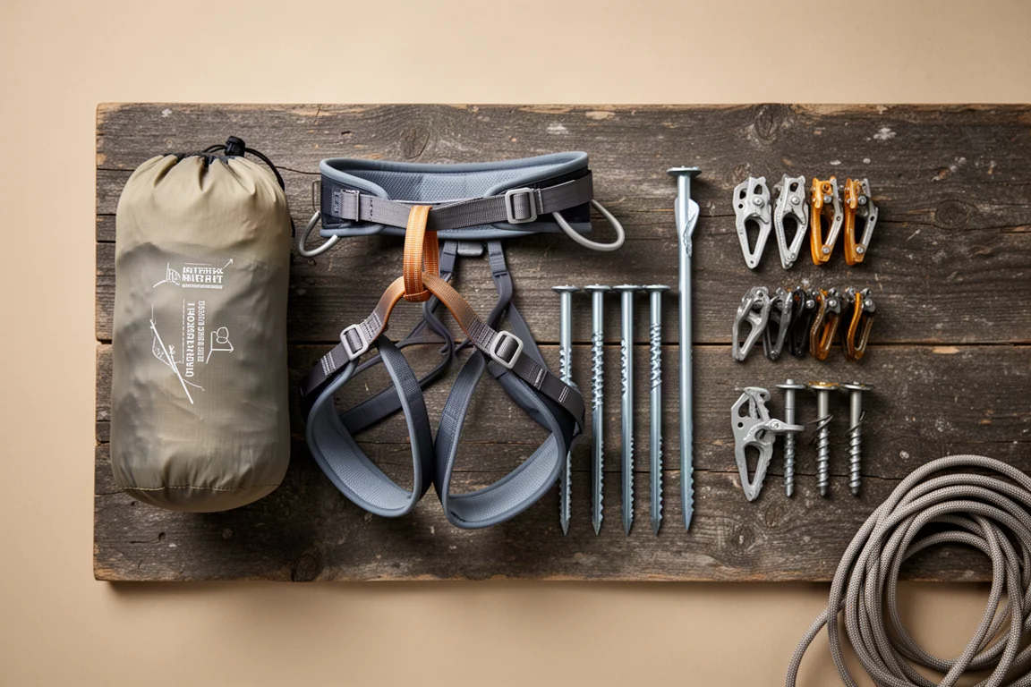 Overhead flat-lay of an ultralight harness, stuff sack, ice screws and cams