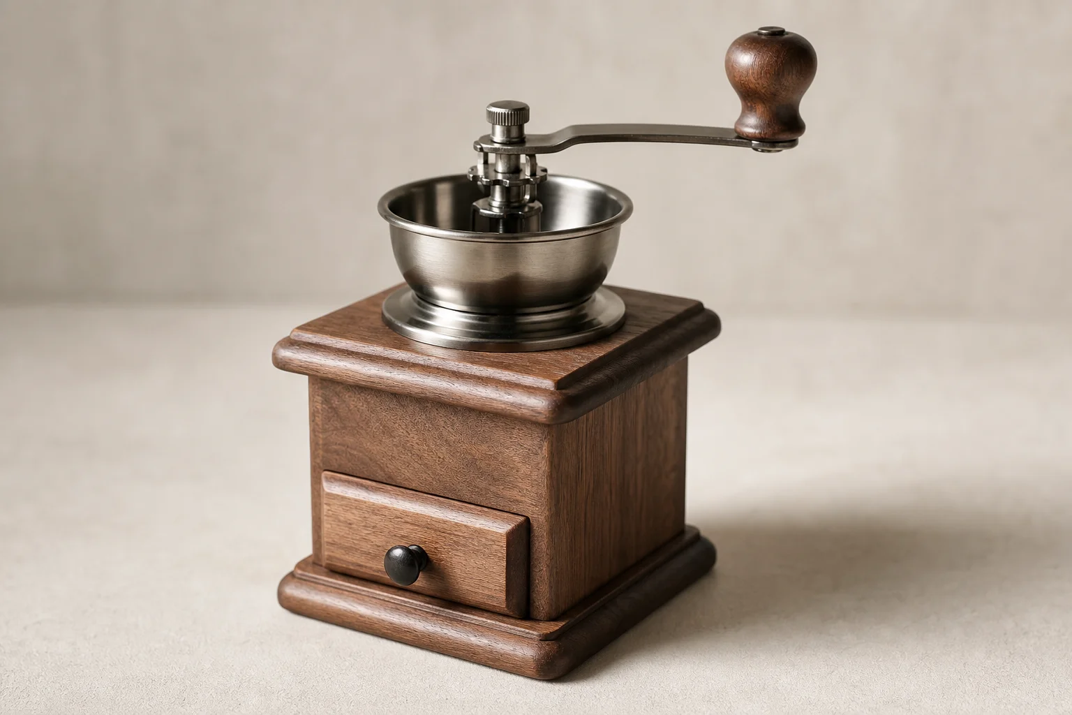 Five coffee grinders from budget electric to commercial bulk models arranged on concrete