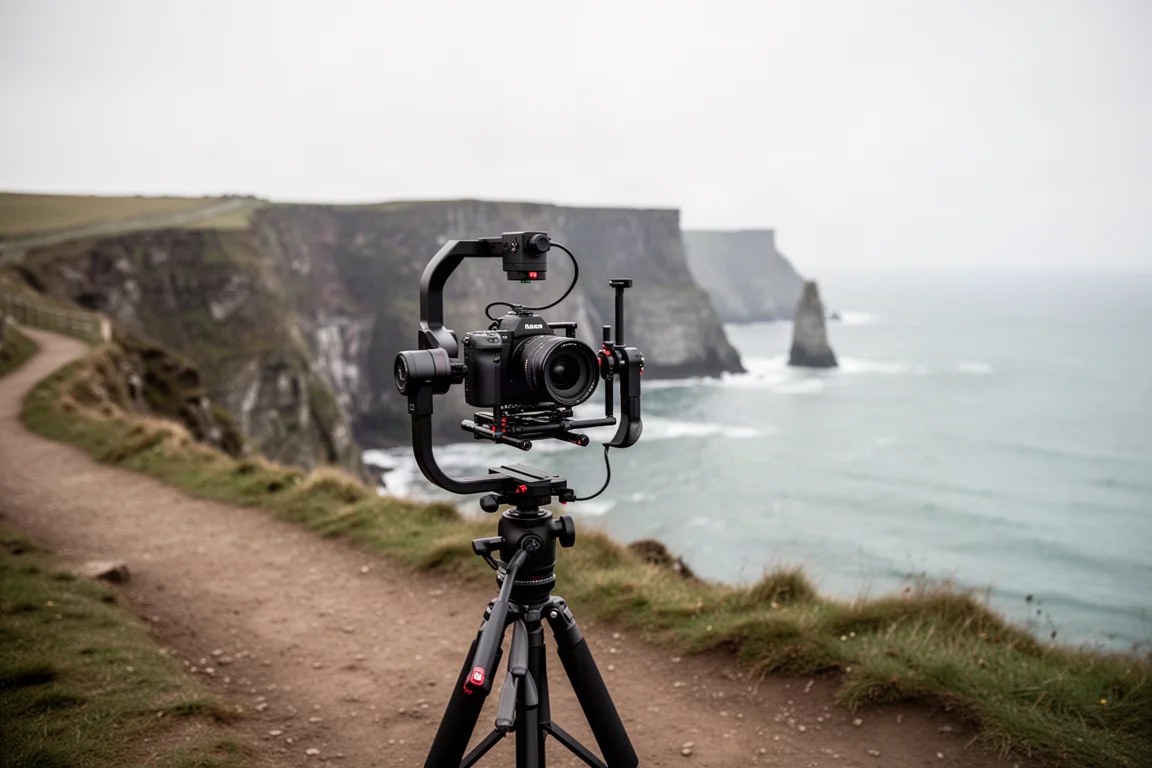 Filmmaker monterar en gimbal-anläggning på en kustklippstig