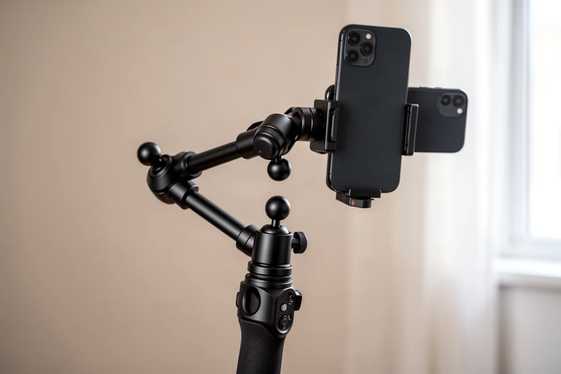 Magic arm håller en smartphone som extern monitor på en gimbal-anläggning