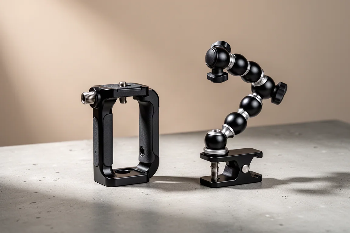 PGYTech handle mount and magic arm accessories on a concrete surface
