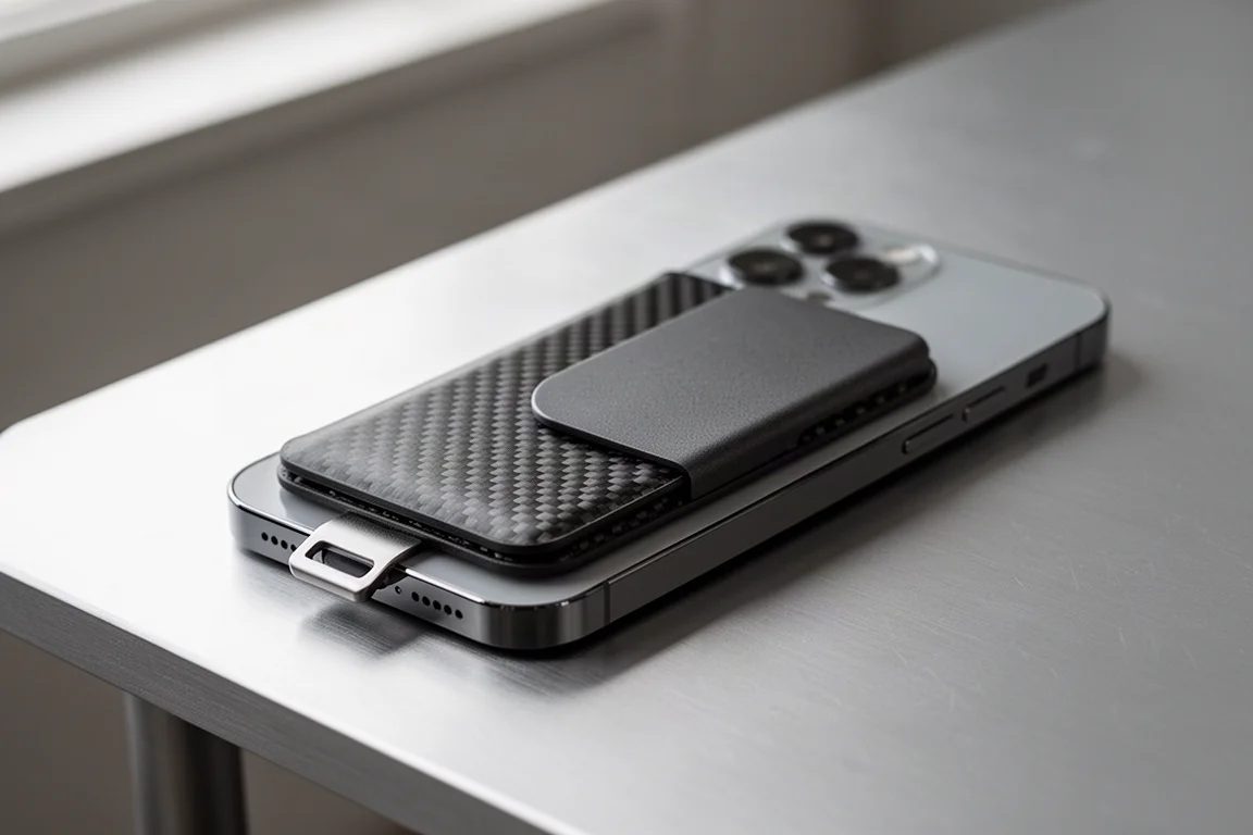 Cartera delgada de fibra de carbono acoplada a la parte trasera de un smartphone compatible con MagSafe