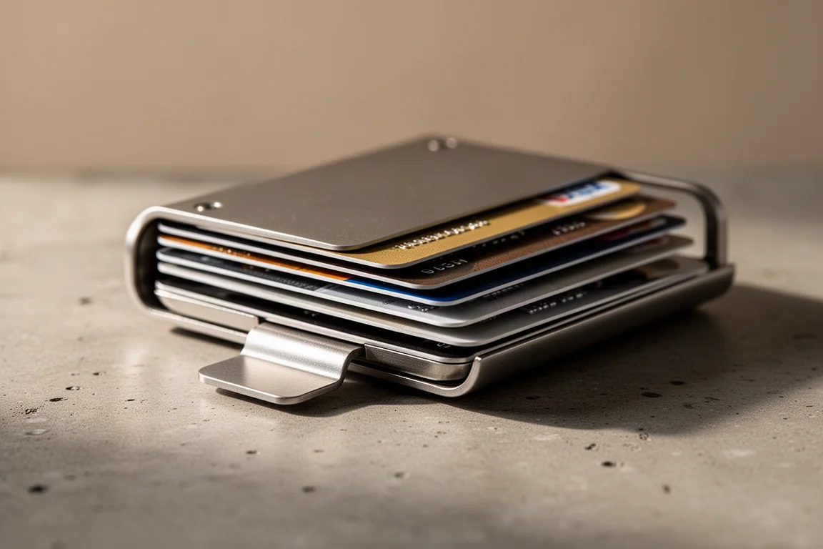 Las tarjetas se despliegan en abanico con suavidad desde una cartera minimalista al accionar la palanca de extracción