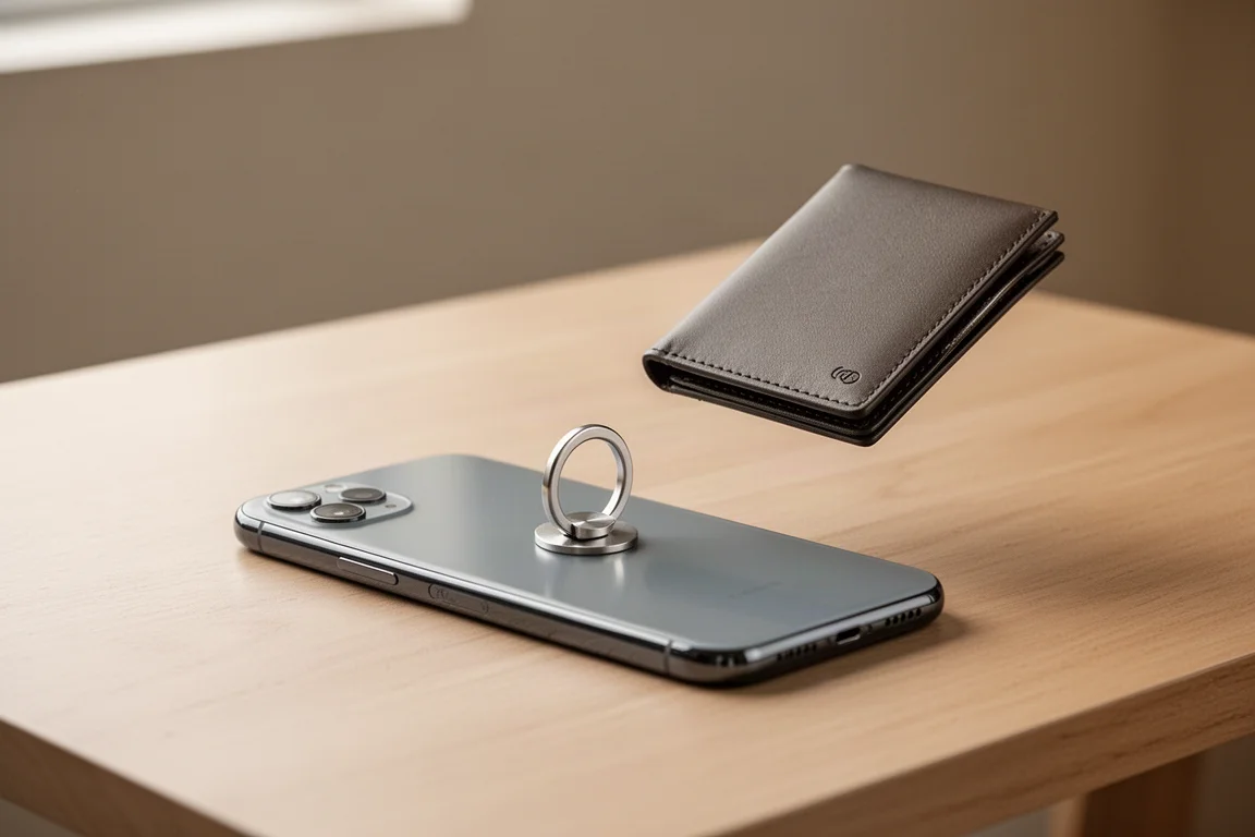 Smartphone boca abajo sobre un escritorio con una pequeña pegatina compatible con MagSafe en su parte trasera