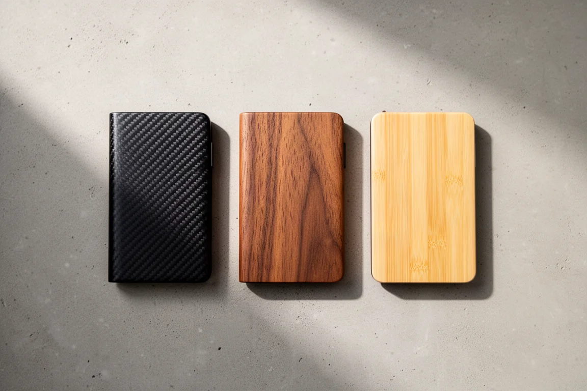 Carteras minimalistas de fibra de carbono, nogal y bambú dispuestas sobre una superficie de hormigón