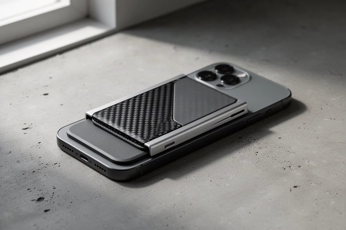 Carbon fiber minimalist wallet snapped onto the back of a smartphone