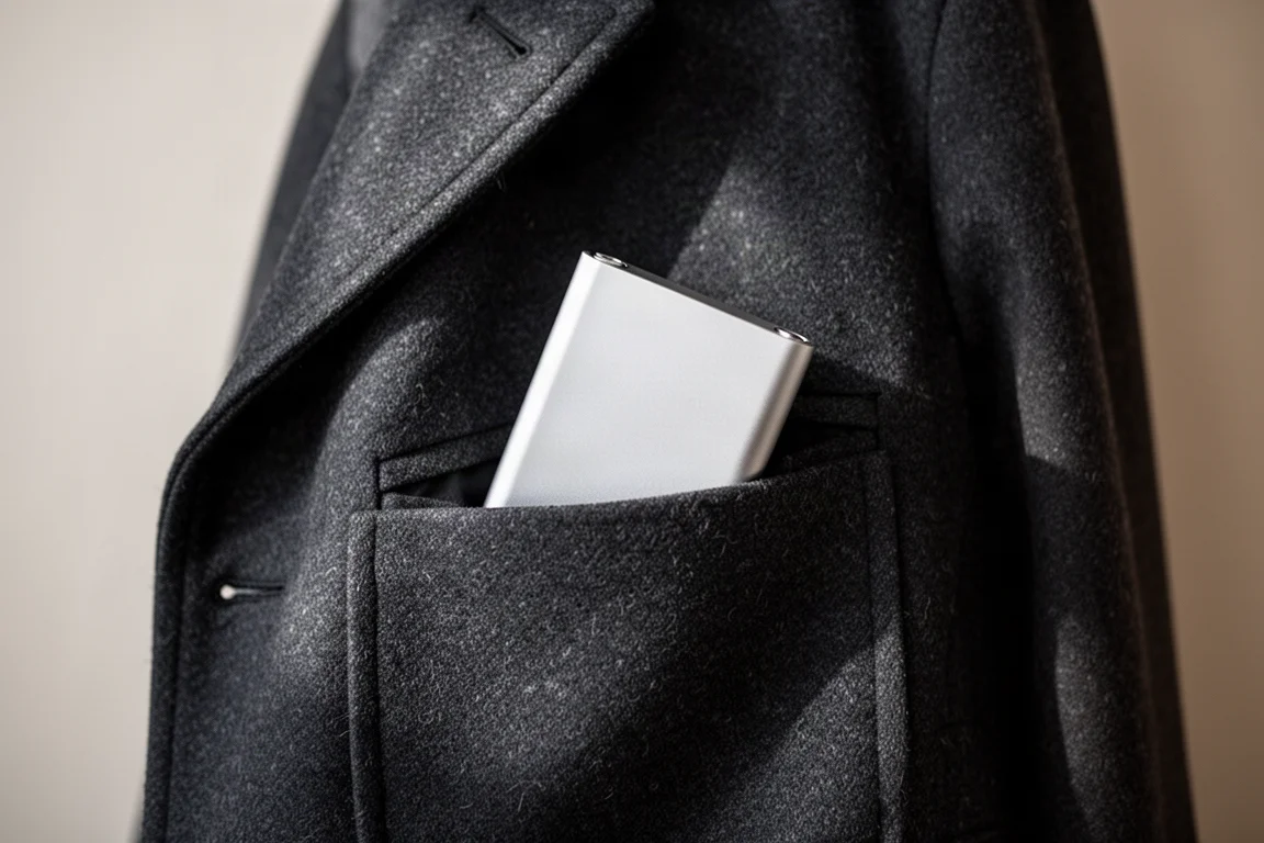 Portafoglio minimalista dentro la tasca vuota di una giacca come riferimento di dimensioni
