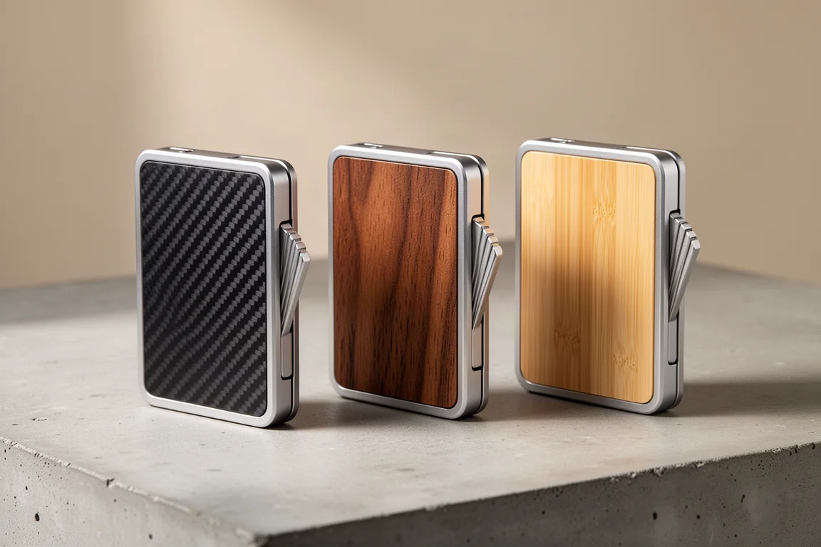 Three Phantom X wallets in carbon fiber, walnut, and bamboo finishes on concrete