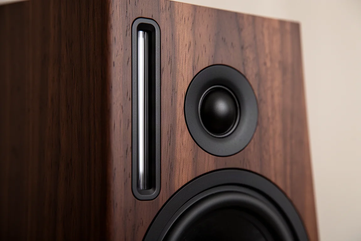 Détail macro d'un tweeter à ruban et d'un petit haut-parleur médium circulaire sur un baffle en bois
