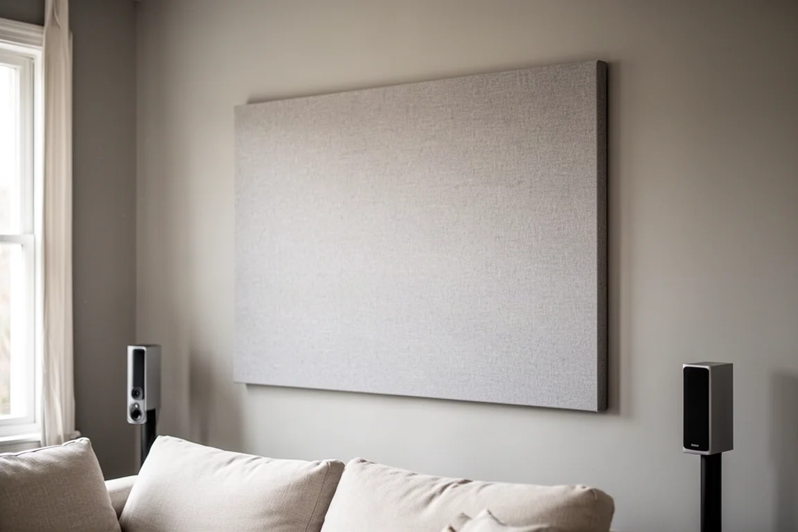 Panneau acoustique en tissu fixé sur un mur latéral de salon à côté d'un pied d'enceinte