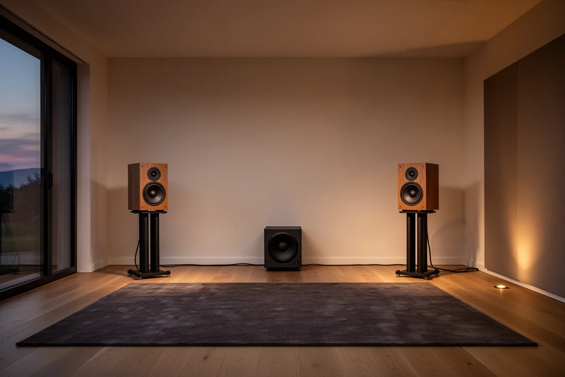 Salle d'écoute avec enceintes sur pieds éloignées des murs latéraux et un caisson de basses près du mur