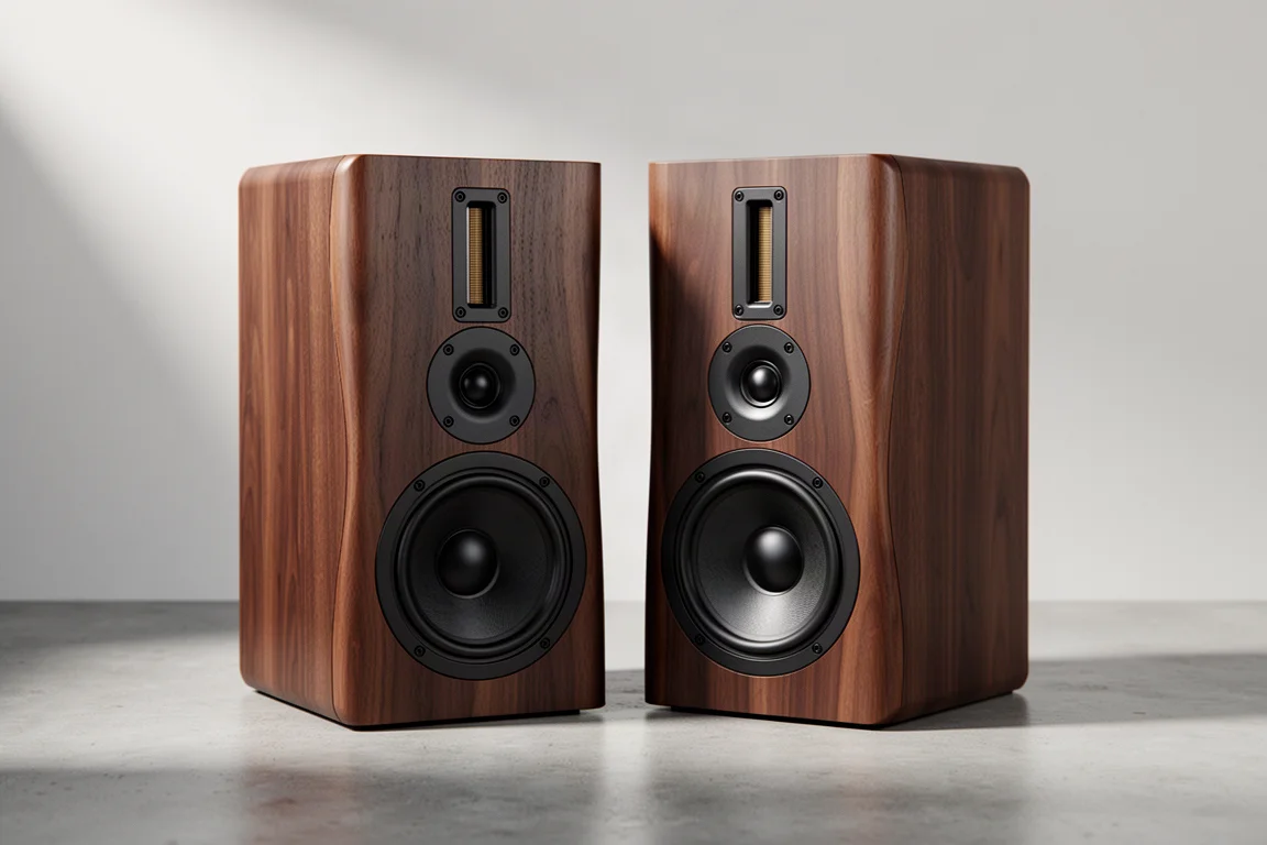 Two dark walnut bookshelf speakers with ribbon tweeters on a concrete surface