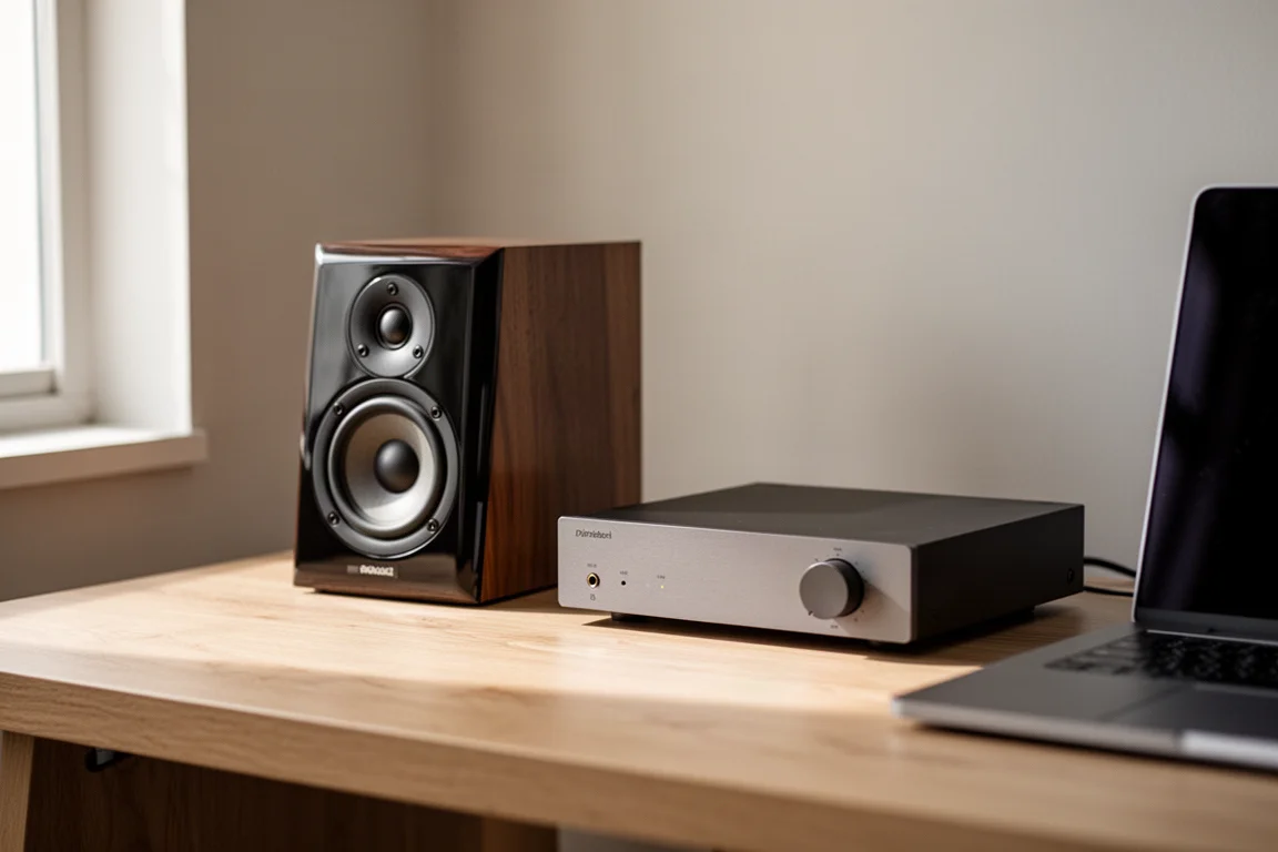 Compact desktop hi-fi setup with a glossy bookshelf speaker on a light oak desk
