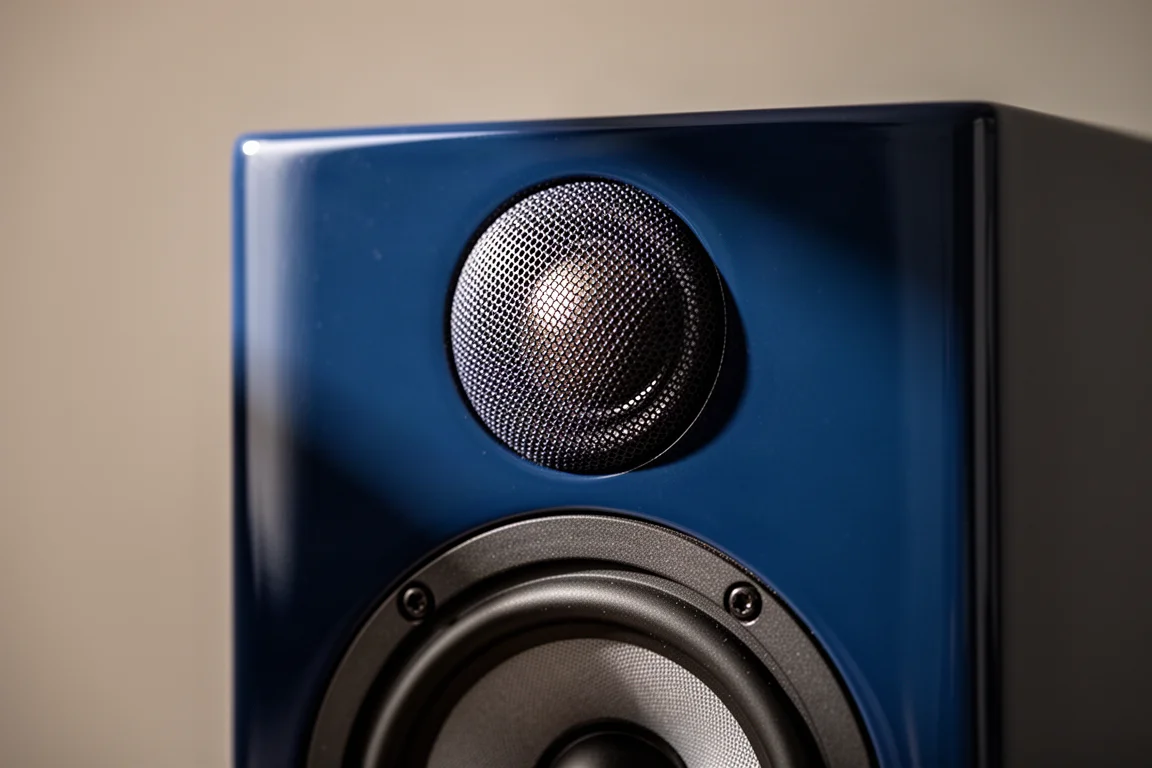 Close-up of a fabric dome tweeter and woofer set into a glossy speaker cabinet
